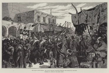 The War in the Soudan, the Naval Brigade marching through the Bazaar at Souakim